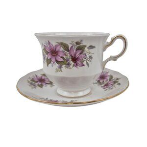 Queen Anne Ridgway China Tea Cup Saucer Purple Floral Clematis England Vintage